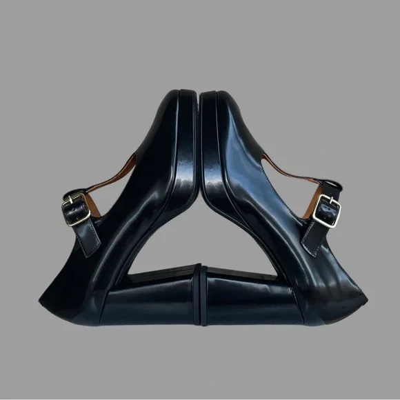 SEZANE Glossy Black Leather Monique High Babies T Strap Platform Mary Jane Heels - Picture 8 of 17